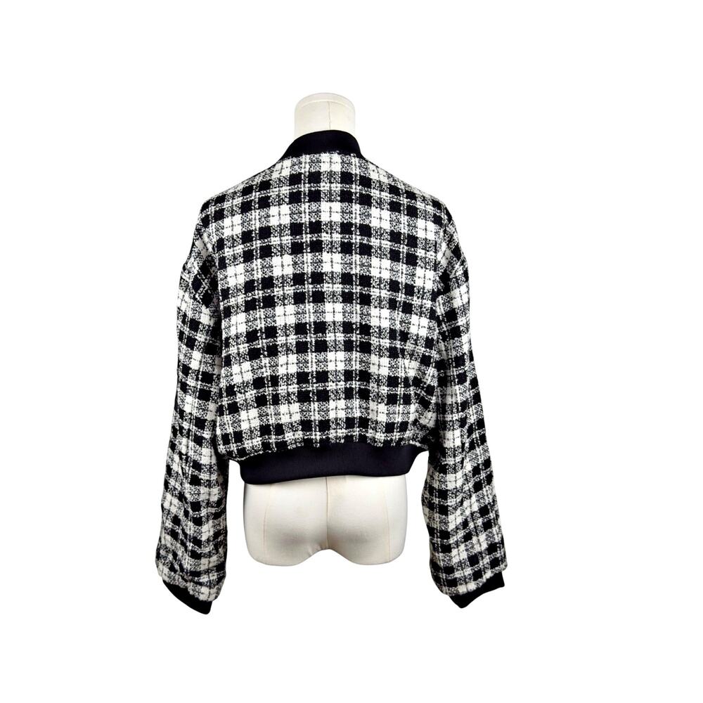 Anthropologie Maeve Black White Plaid Cropped Tweed Bomber Jacket LARGE - Picture 6 of 12